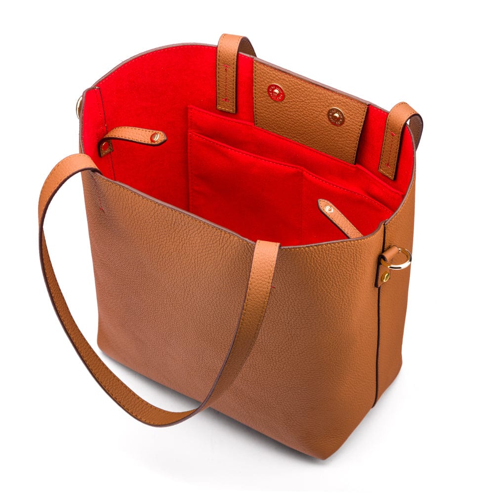 Leather tote bag, tan, inside open