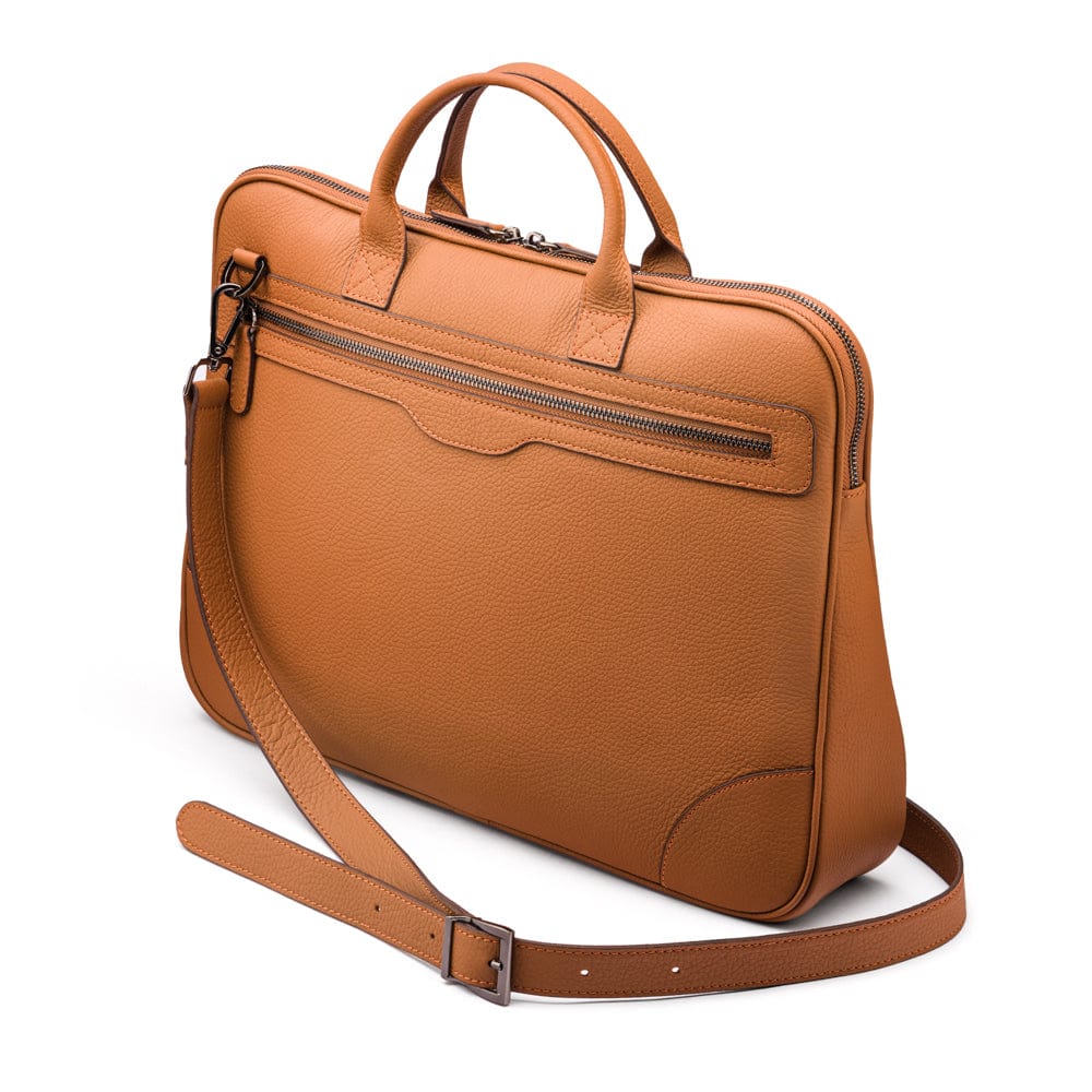 16"  slim leather laptop bag, tan, side view