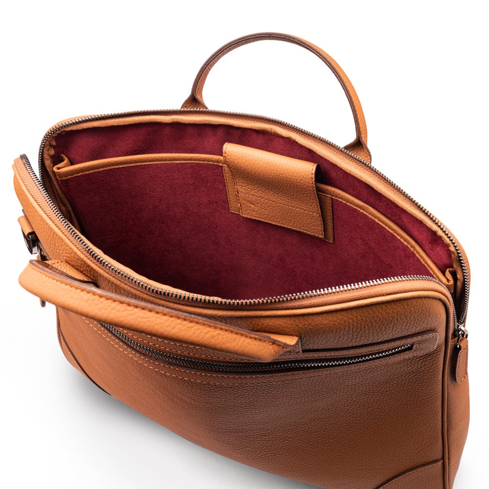 16"  slim leather laptop bag, tan, inside view
