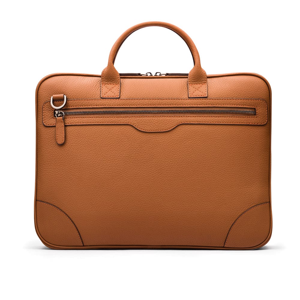 16"  slim leather laptop bag, tan, back view