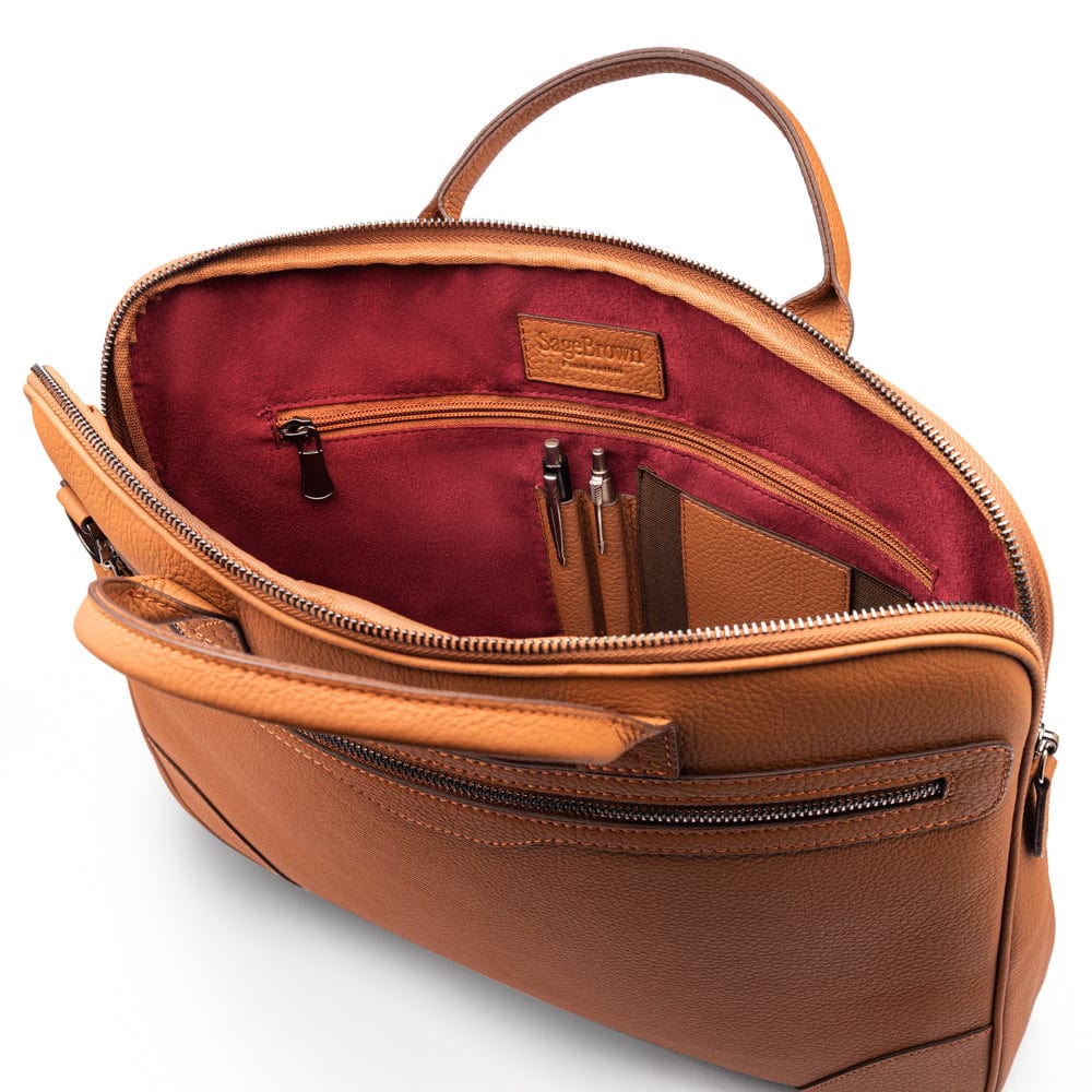 16"  slim leather laptop bag, tan, open view
