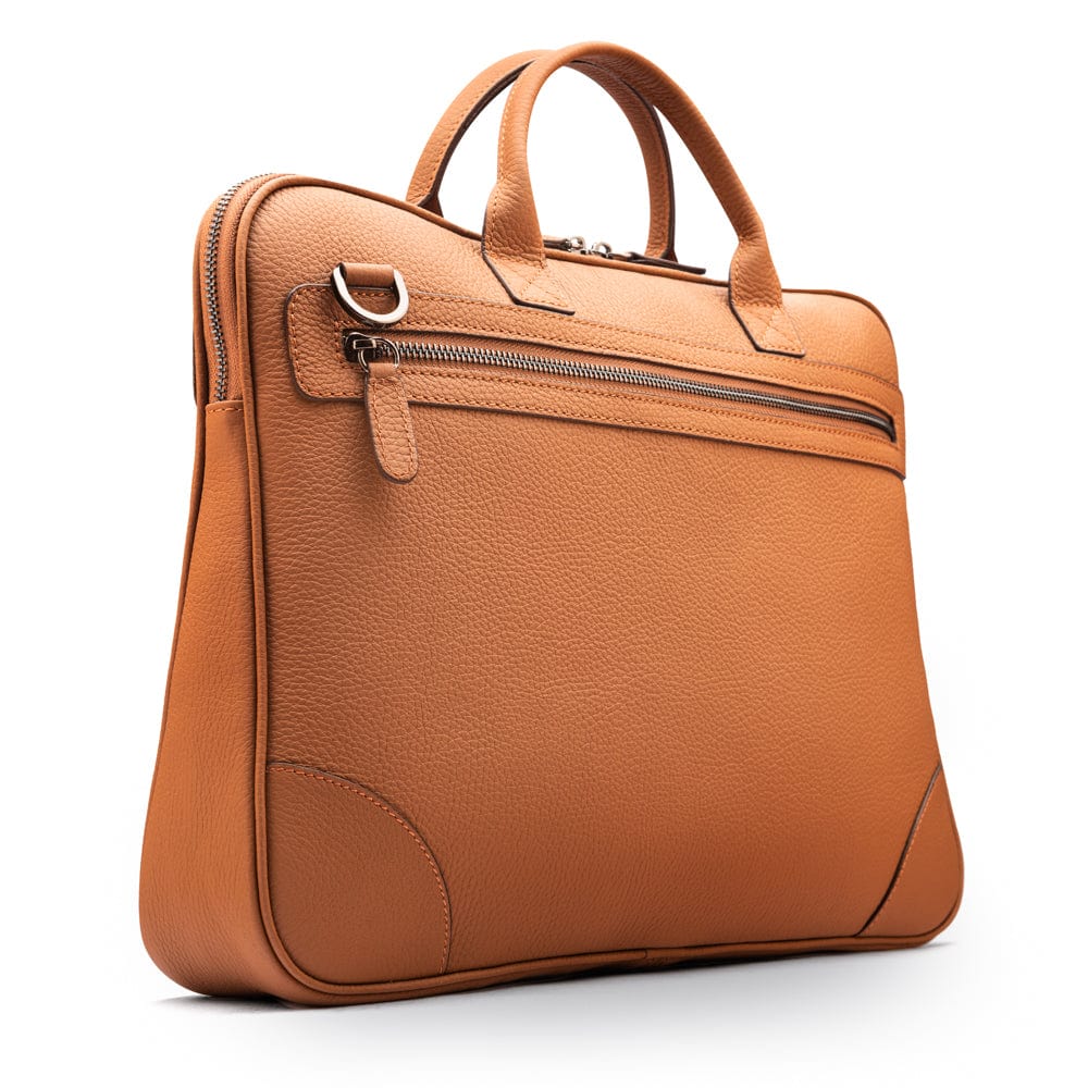16"  slim leather laptop bag, tan, front view