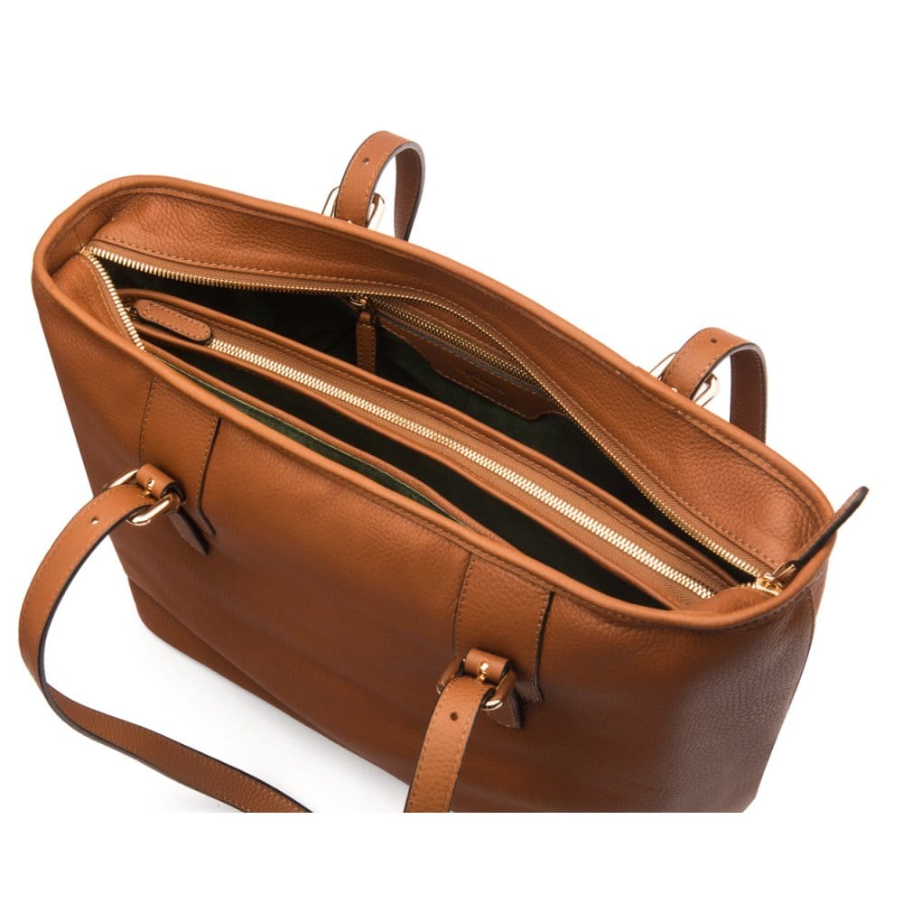 Women's leather 13" laptop workbag, tan, open