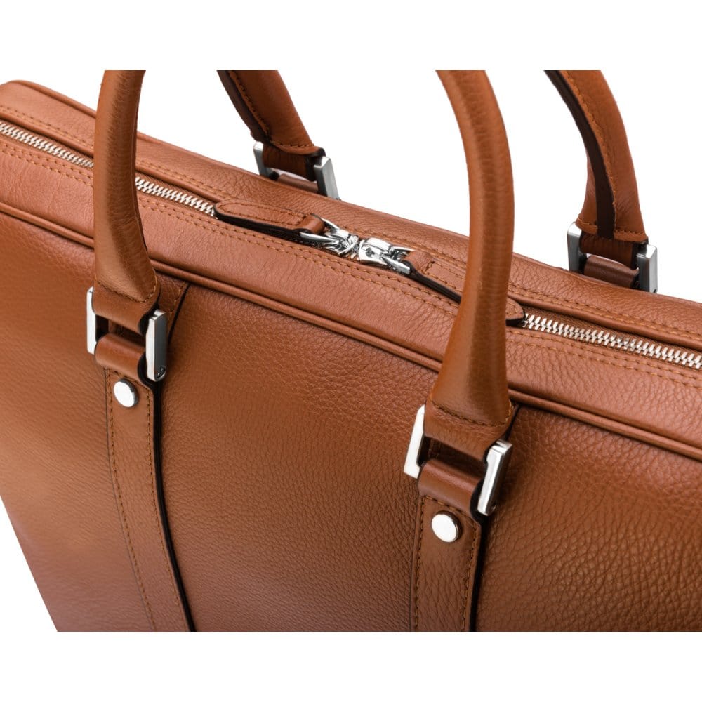 15" leather laptop bag, tan, zip closure