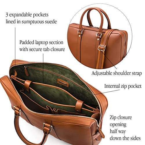 15" leather laptop bag, tan, features