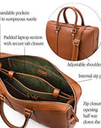 15" leather laptop bag, tan, features