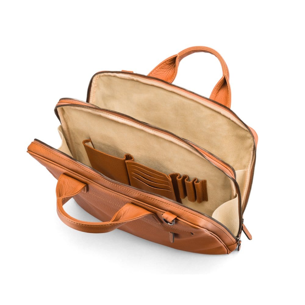 Leather 13" laptop briefcase, tan, inside