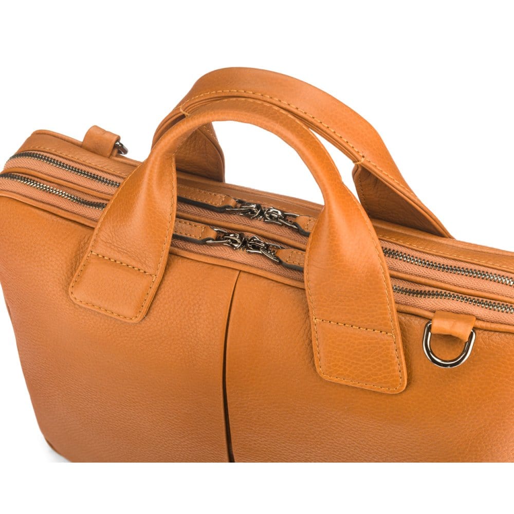 Leather 13" laptop briefcase, tan, zip closure