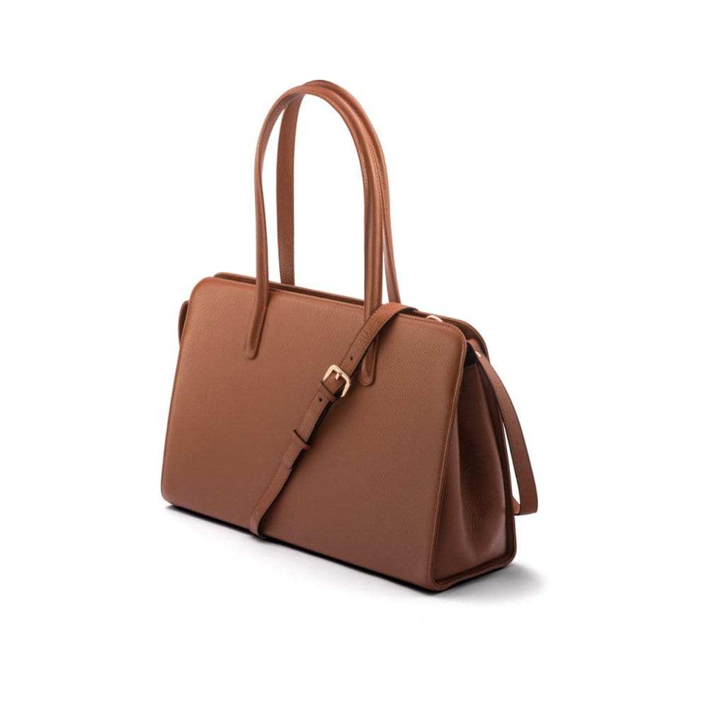 Ladies' leather 15" laptop handbag, tan, with shoulder strap