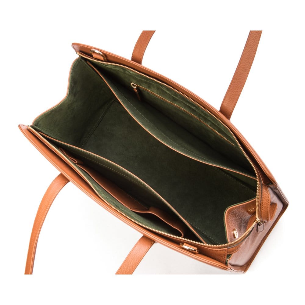Ladies' leather 15" laptop handbag, tan, inside 