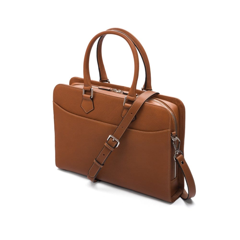 Ladies leather 13" laptop bag, tan, side