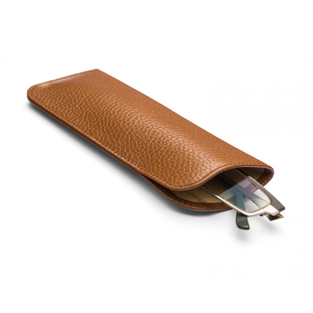 Large leather glasses case, tan, open