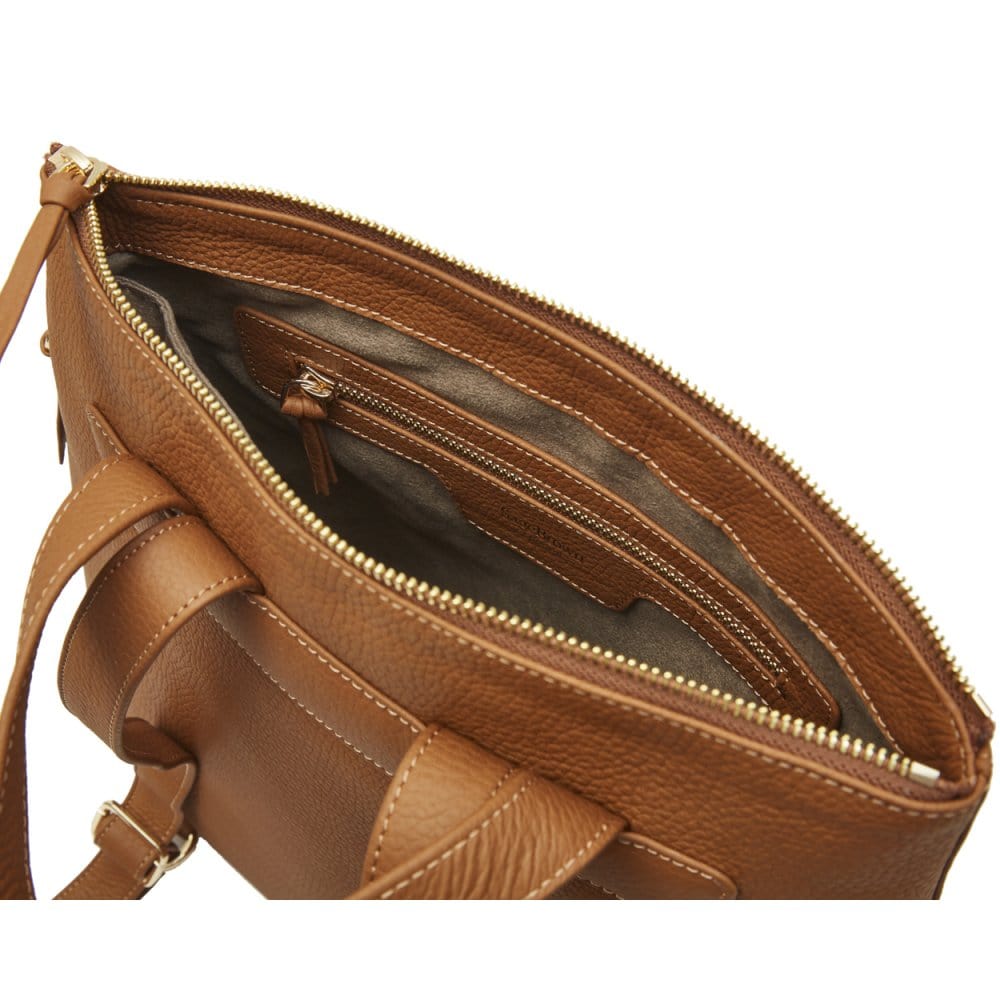 Leather 13" laptop backpack, tan, inside