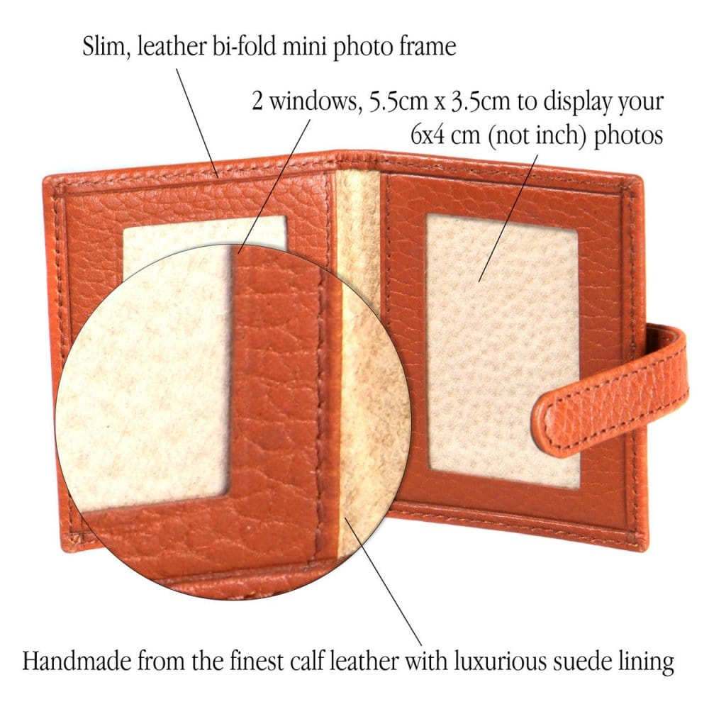 Mini leather passport photo frame, tan, 60 x 40mm, features