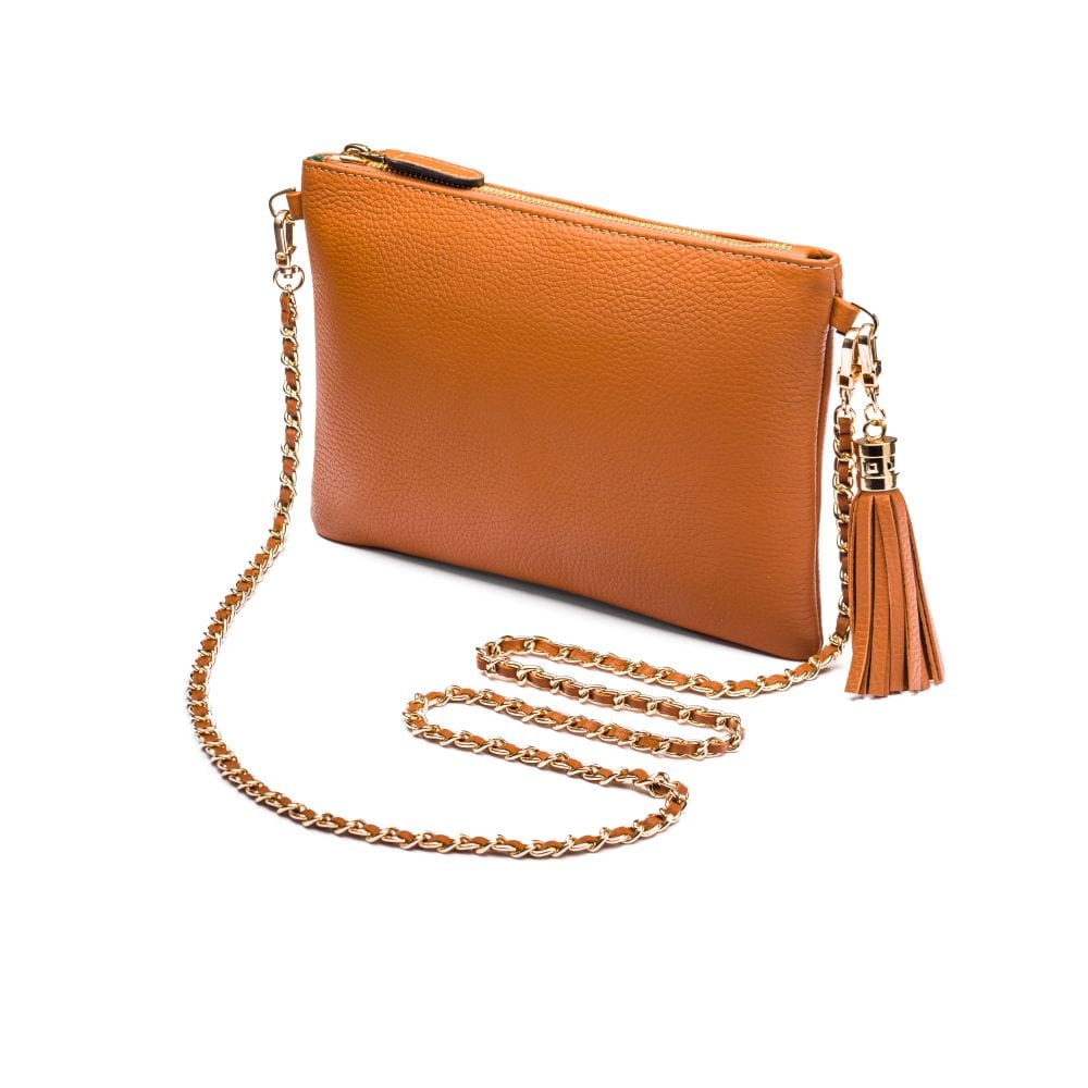 Leather cross body bag with chain strap, tan