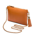 Leather cross body bag with chain strap, tan