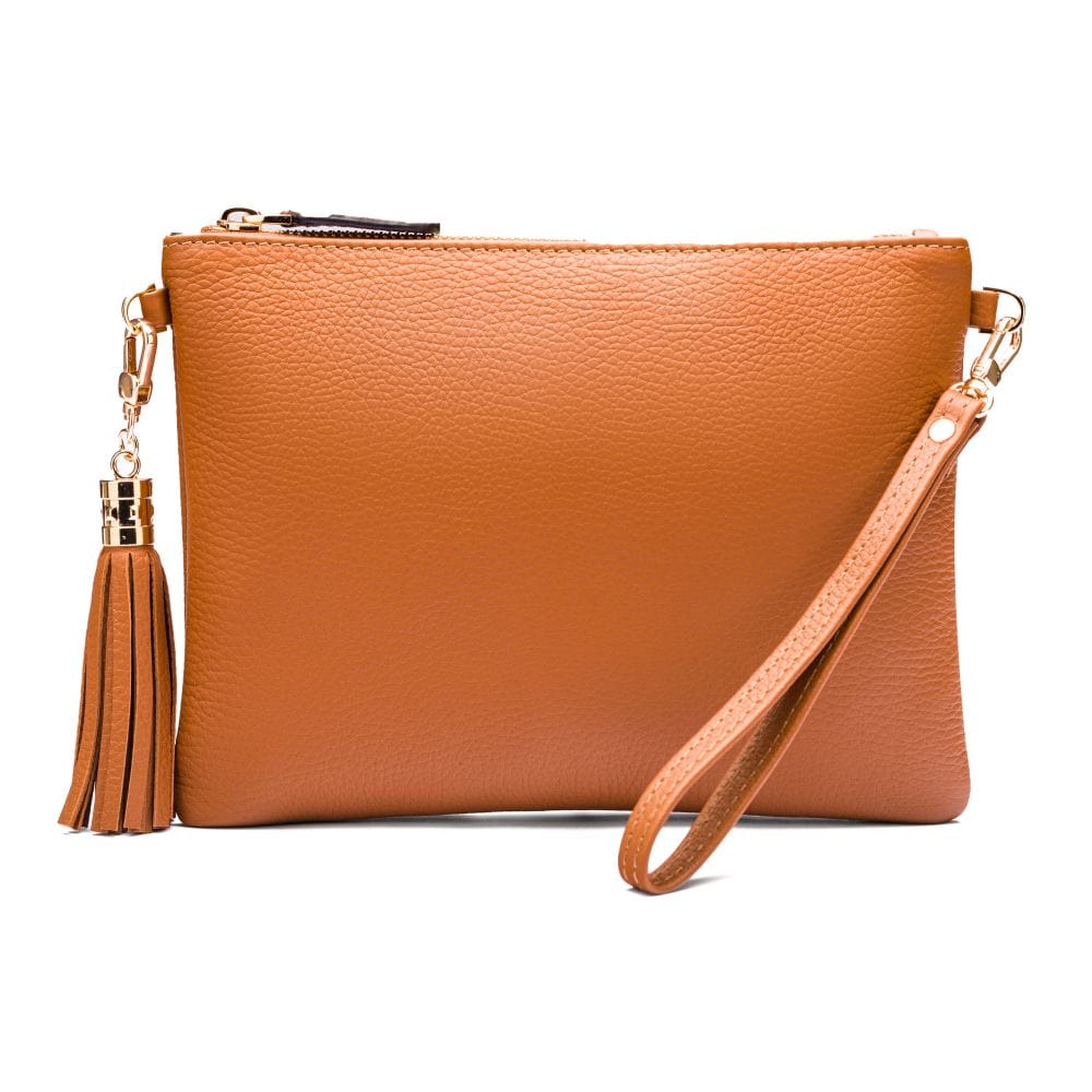 Leather cross body bag with chain strap, tan, without shoulder strap