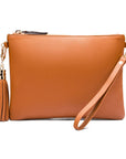 Leather cross body bag with chain strap, tan, without shoulder strap