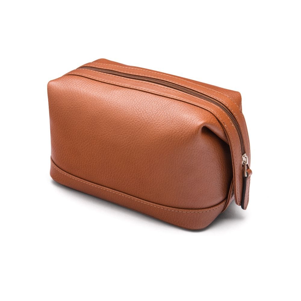 Leather wash bag, tan, side view