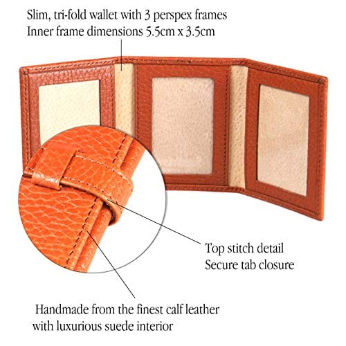 Mini leather trifold photo frame, tan, 60 x 40mm, features