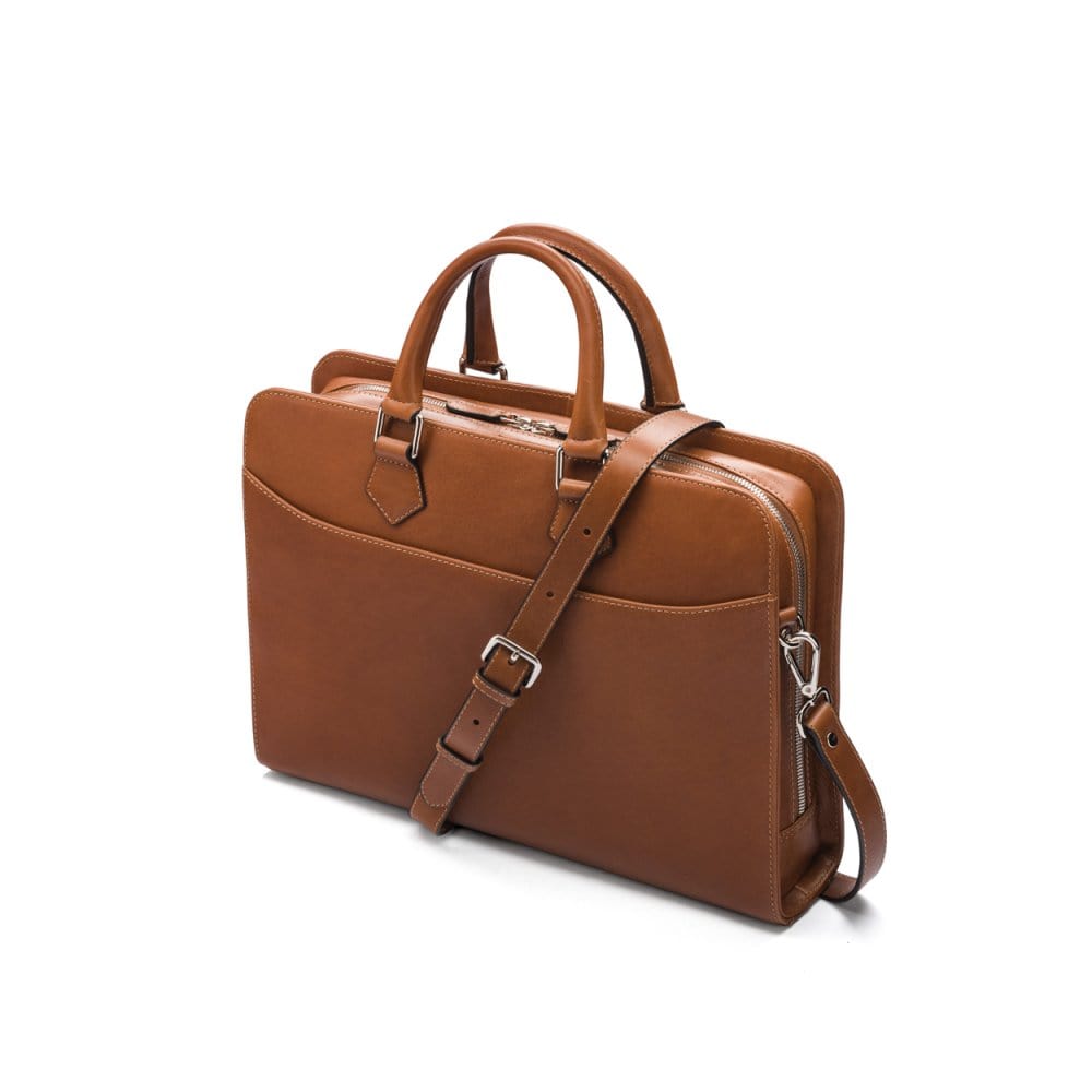 Leather 13" laptop bag, tan, side view