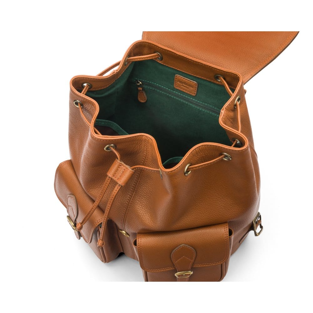 Leather backpack with pockets, tan, inside