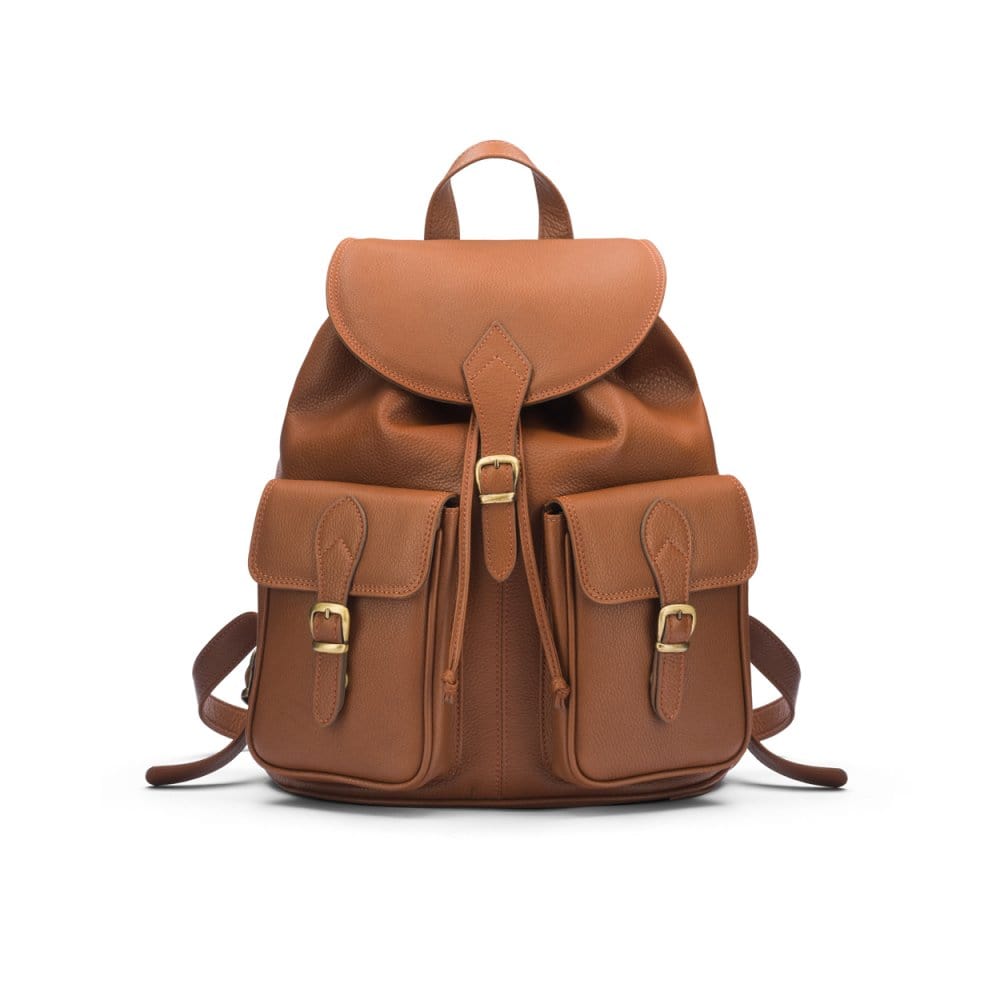 Leather backpack with pockets, tan, front