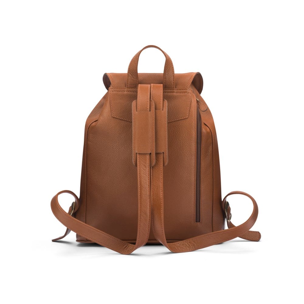 Leather backpack with pockets, tan, back