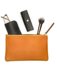 Medium leather makeup bag, tan, open