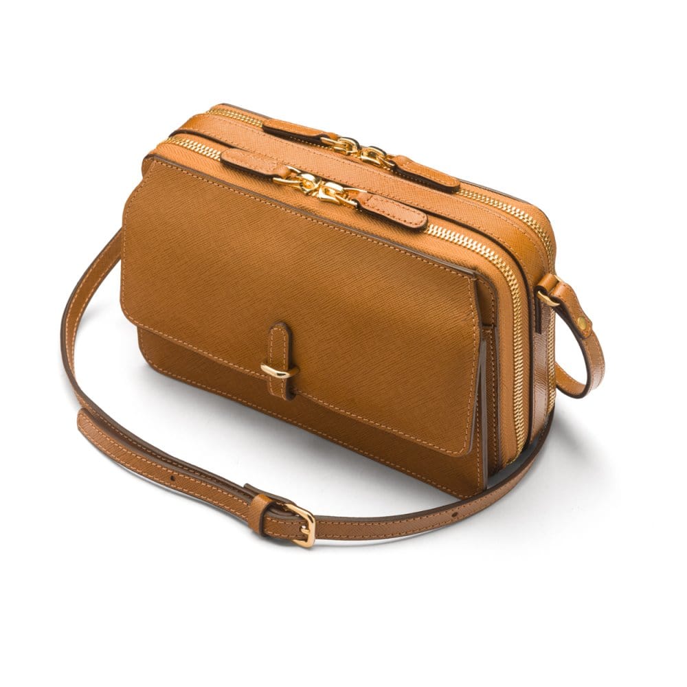 Compact crossbody bag, tan saffiano, side