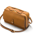 Compact crossbody bag, tan saffiano, side