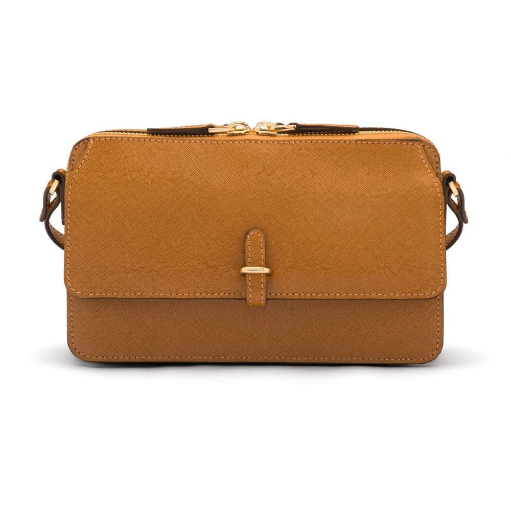 Compact crossbody bag, tan saffiano, front