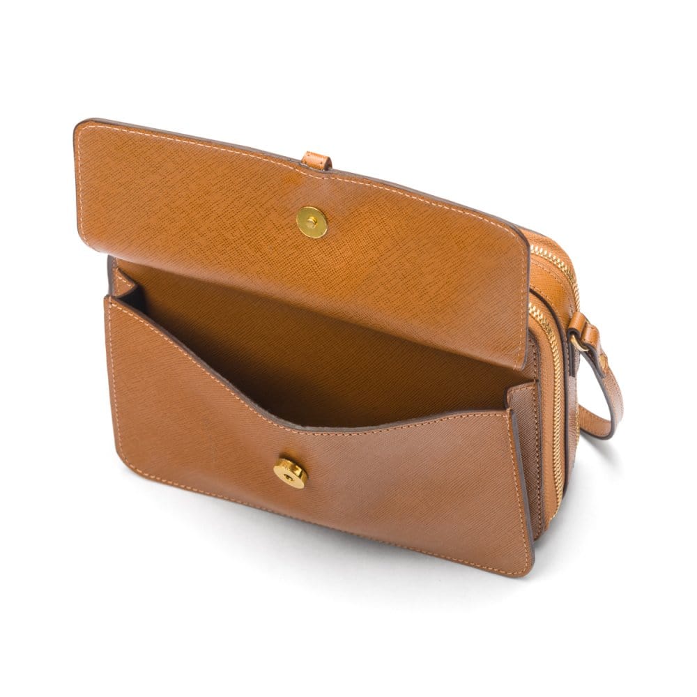 Compact crossbody bag, tan saffiano, front pocket