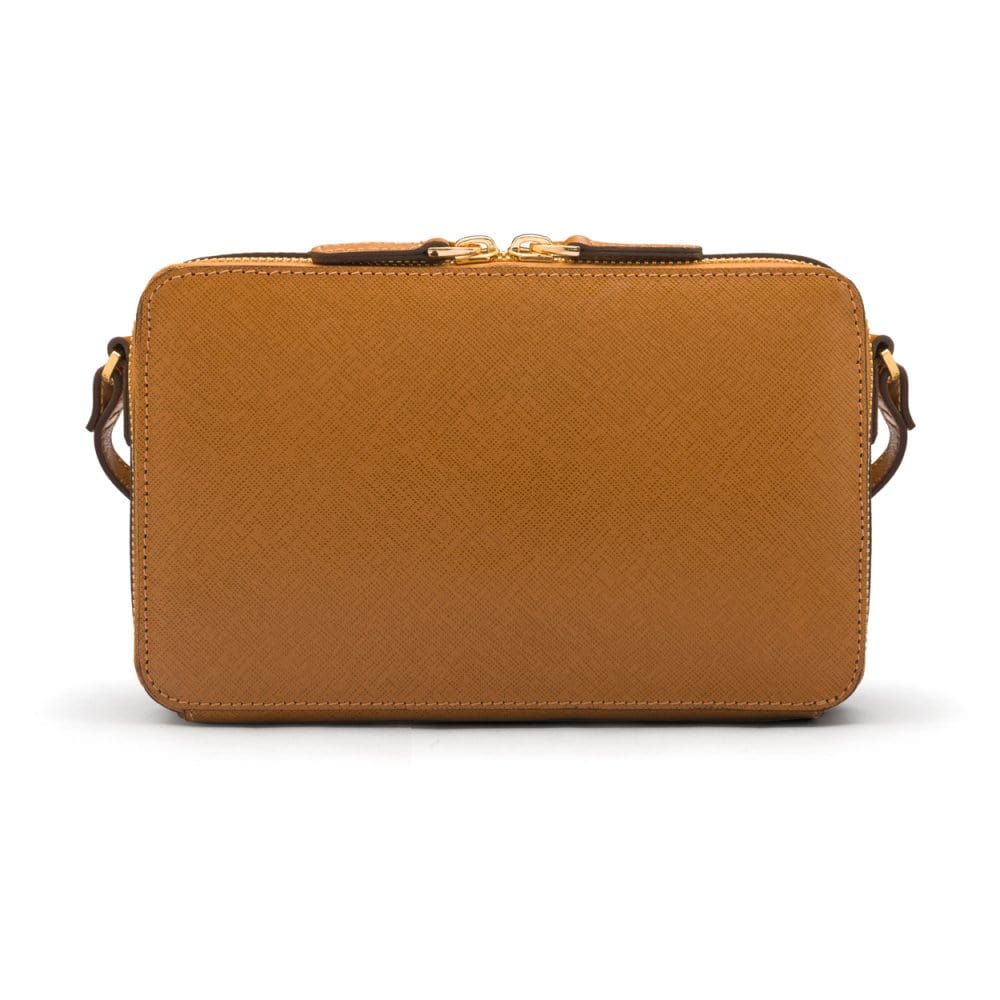 Compact crossbody bag, tan saffiano, back