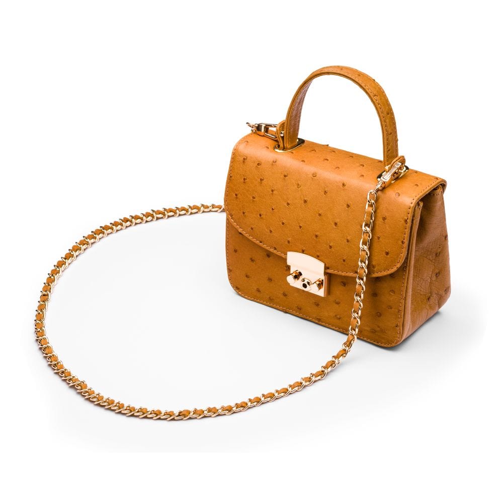 Ostrich leather Betty bag with top handle, tan ostrich, side