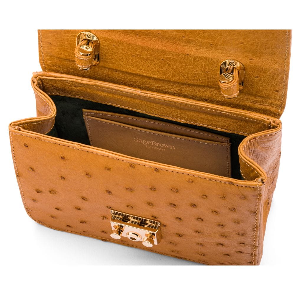 Ostrich leather Betty bag with top handle, tan ostrich, inside