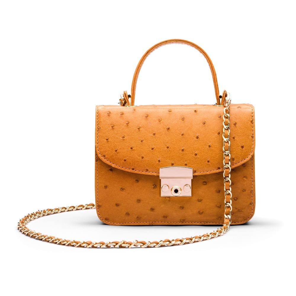 Ostrich leather Betty bag with top handle, tan ostrich, with chain strap