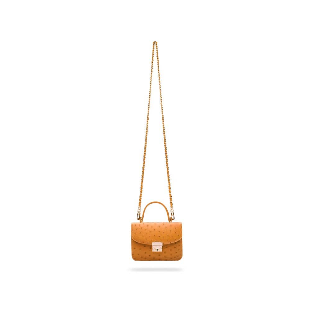 Ostrich leather Betty bag with top handle, tan ostrich, with long strap
