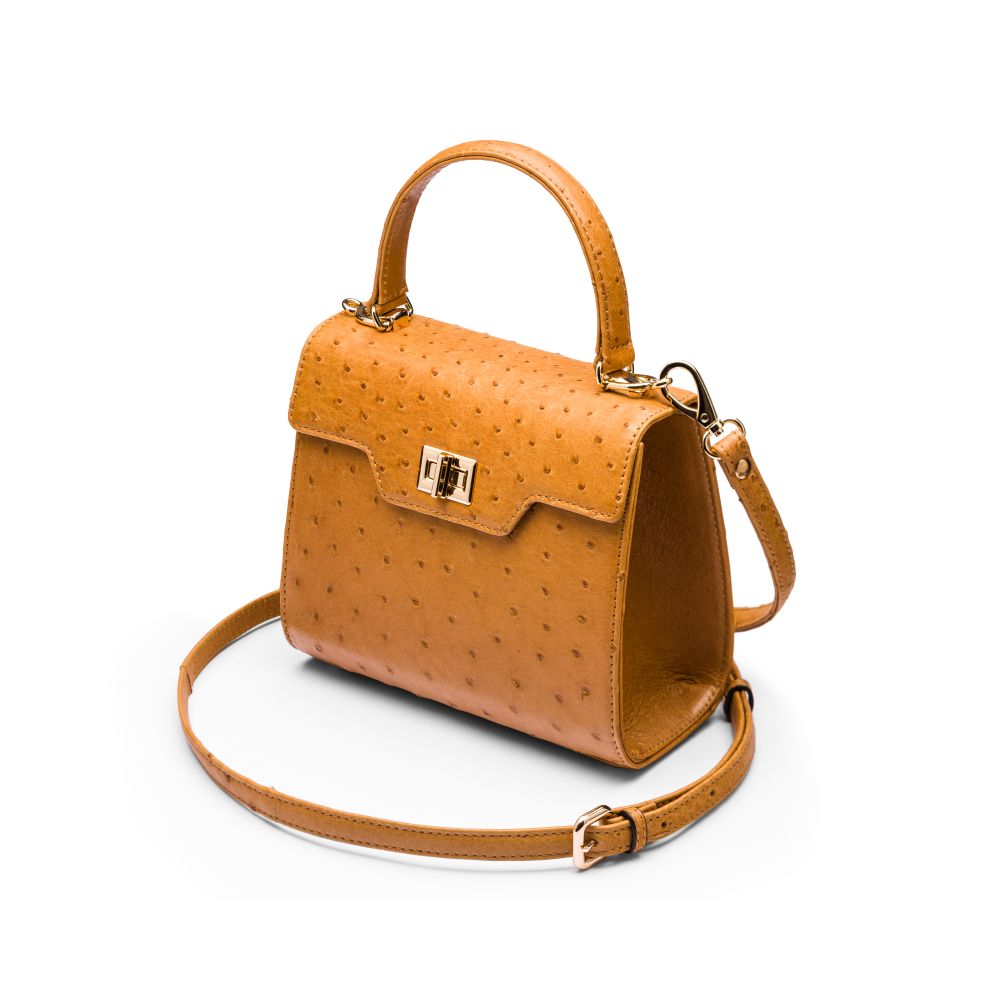 Mini ostrich leather Morgan Bag, top handle bag, tan, side view