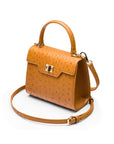 Mini ostrich leather Morgan Bag, top handle bag, tan, side view