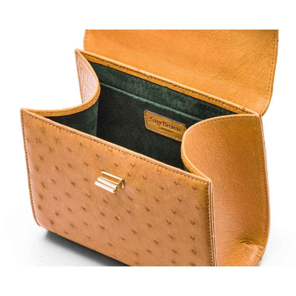 Mini ostrich leather Morgan Bag, top handle bag, tan, inside