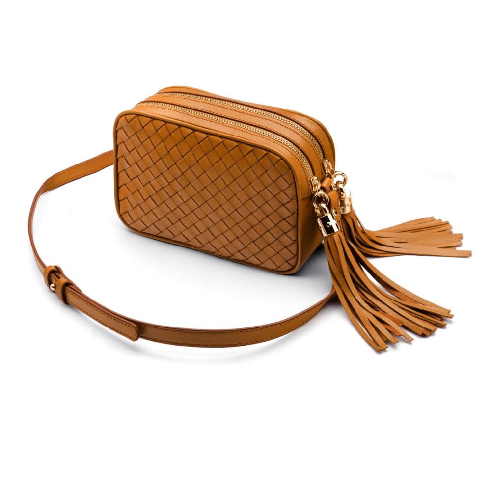 Woven leather camera bag, tan, side