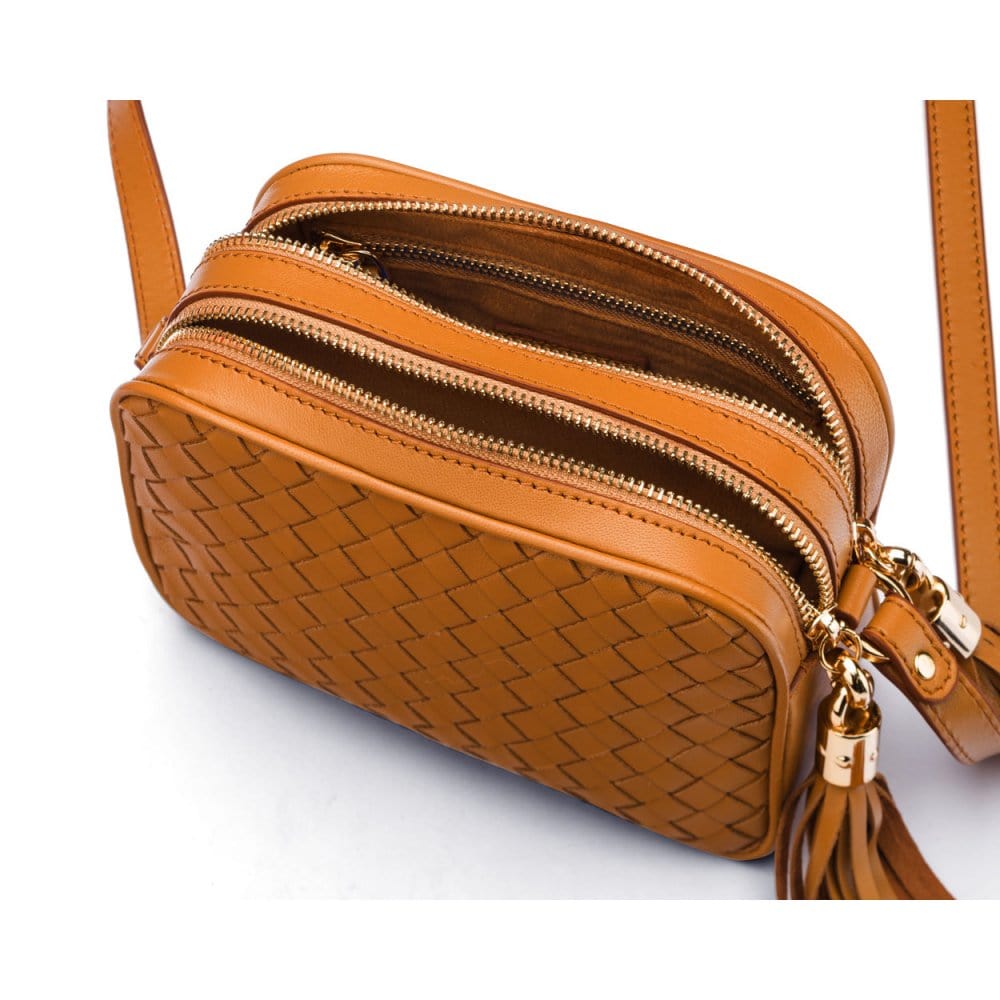 Woven leather camera bag, tan, inside