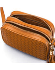 Woven leather camera bag, tan, inside