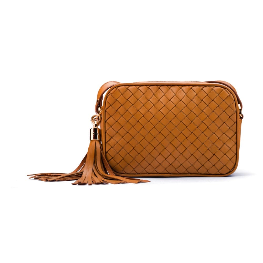 Woven leather camera bag, tan, front