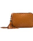 Woven leather camera bag, tan, front