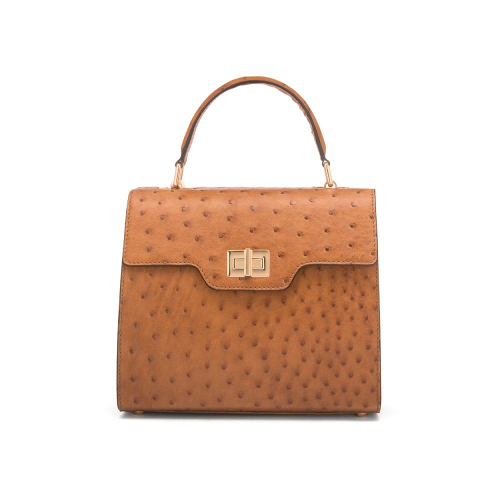 Real ostrich top handle bag, tan, front view