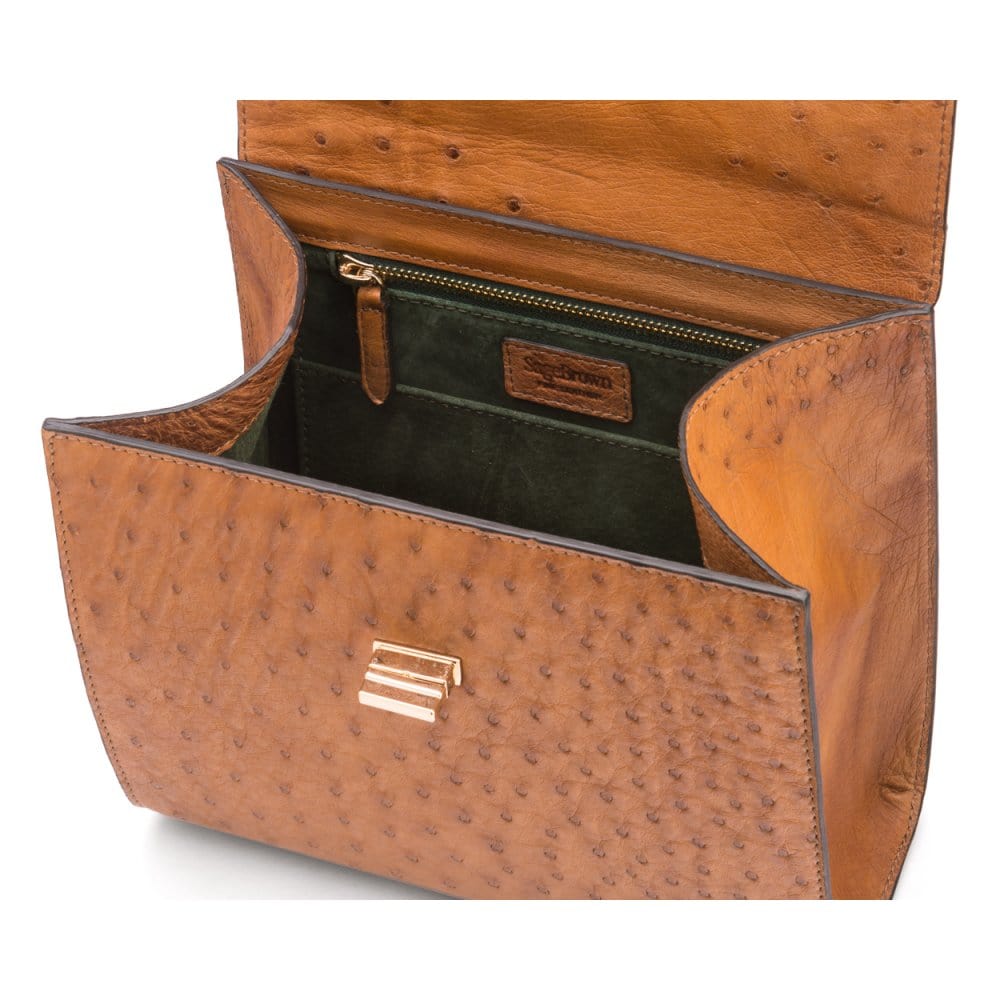Real ostrich top handle bag, tan, inside view