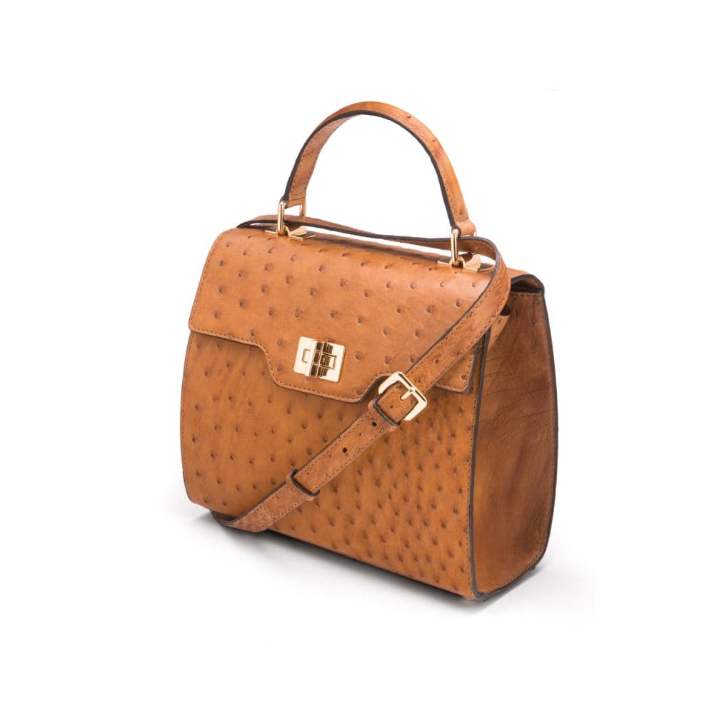 Real ostrich top handle bag, tan, side view