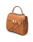 Real ostrich top handle bag, tan, side view